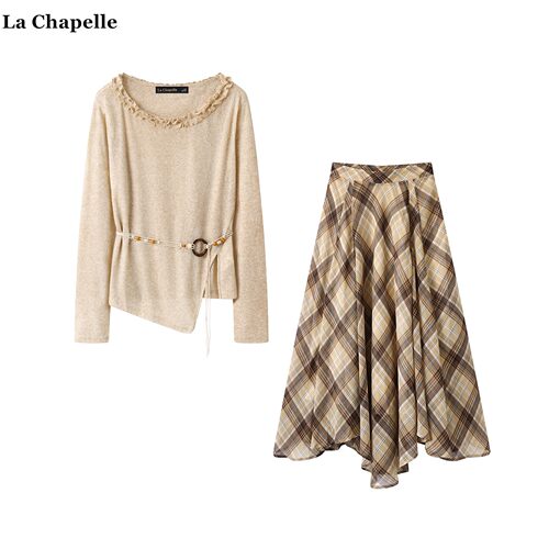拉夏贝尔/La Chapelle波西米亚木耳边针织衫格子半身裙俩件套装女
