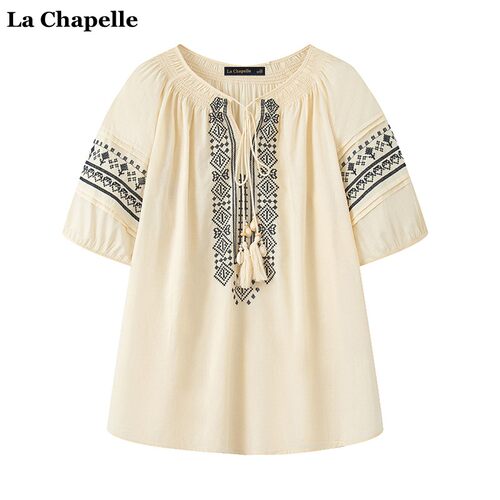 拉夏贝尔/La Chapelle民族风系带流苏刺绣衬衫女夏季气质圆领上衣