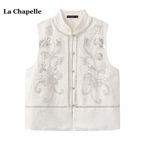 拉夏贝尔/La Chapelle新中式圆领盘扣马甲女春夏新款国风刺绣坎肩
