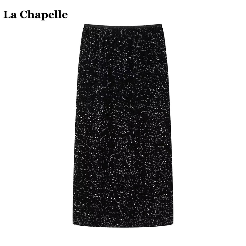 拉夏贝尔/La Chapelle丝绒亮片半身裙女高级感气质黑色开叉包臀裙