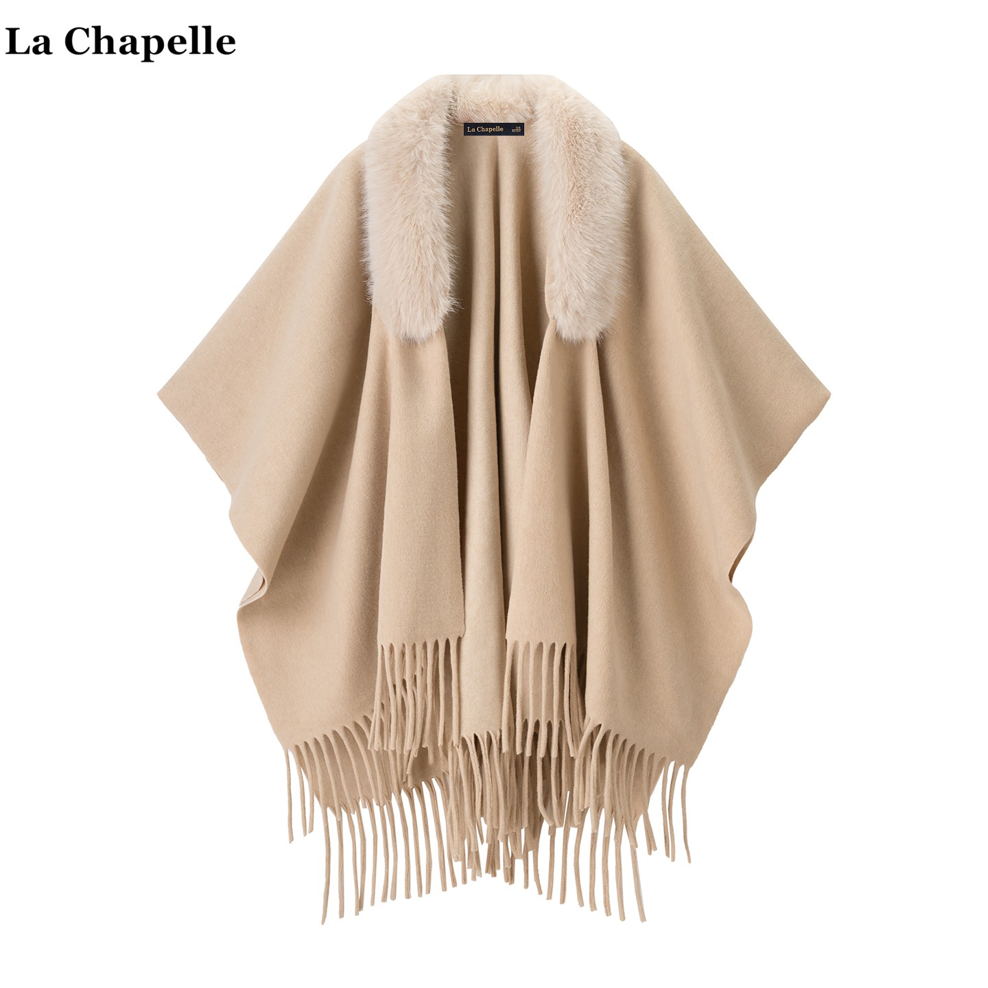 拉夏贝尔/La Chapelle高级感纯色毛领斗篷披肩女冬季保暖开衫披风