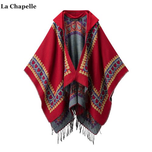 拉夏贝尔/La Chapelle民族风保暖连帽针织披肩女旅游拍照披风斗篷