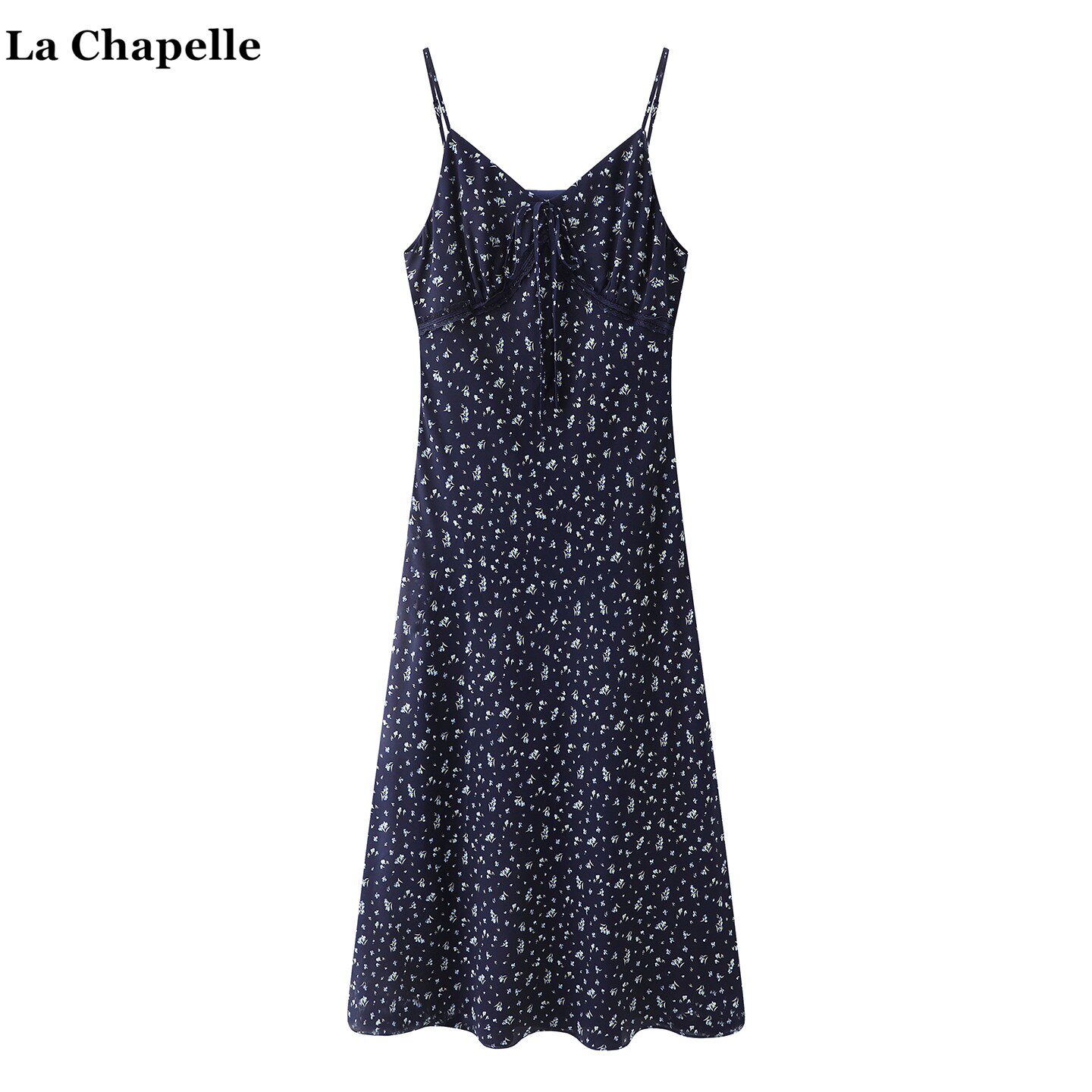 拉夏贝尔/La Chapelle法式碎花v领吊带连衣裙女度假风甜美吊带裙
