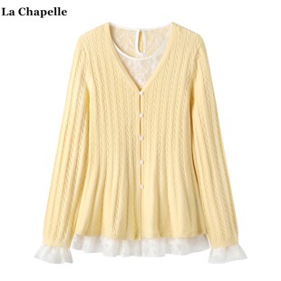 黄色针织开衫 Chapelle小香风蕾丝衫 俩件套叠穿上衣女 拉夏贝尔