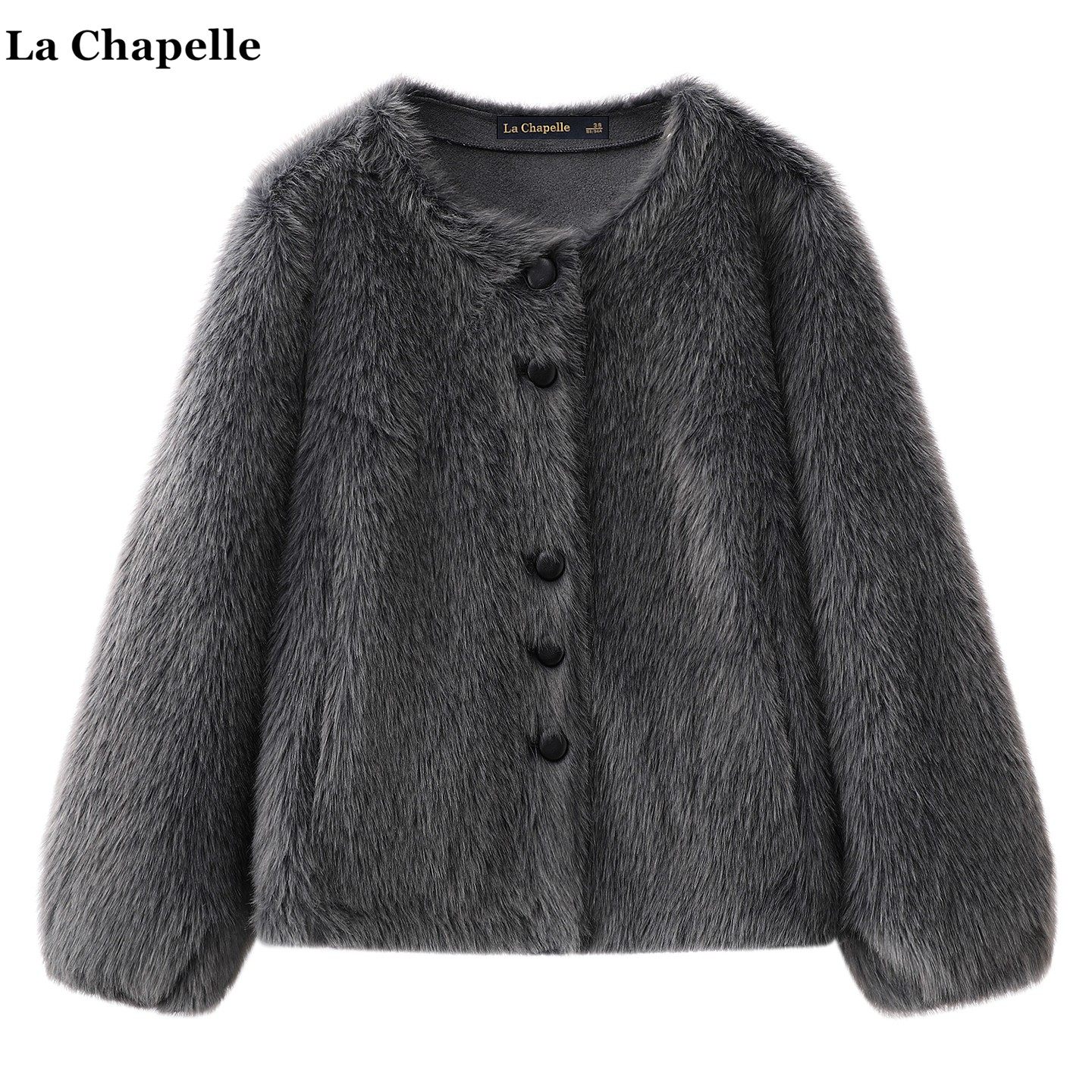 拉夏贝尔/La Chapelle高级感灰色环保毛毛外套女冬季圆领保暖上衣