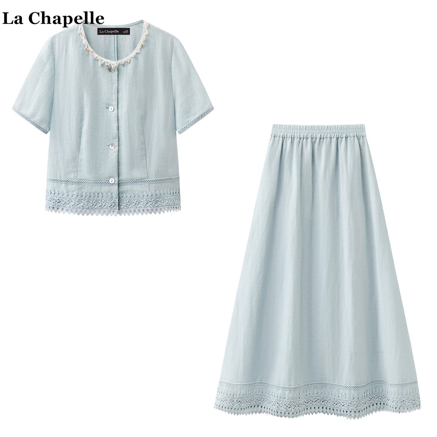 拉夏贝尔/La Chapelle夏季蓝色衬衫半身裙老钱风镂空钩花俩件套女