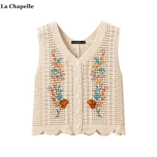 拉夏贝尔/La Chapelle韩系复古绣花针织开衫马甲女民族风无袖背心