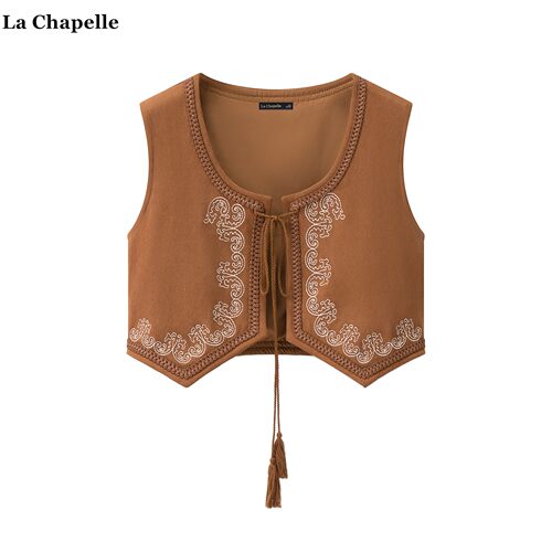 拉夏贝尔/La Chapelle复古百搭麂皮绒马甲女波西米亚刺绣背心坎肩