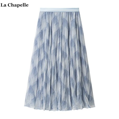 拉夏贝尔/La Chapelle复古格纹网纱半身裙女2026春夏款褶皱a字裙