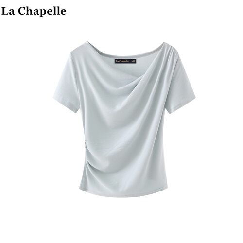 拉夏贝尔/La Chapelle韩系一字领露肩T恤女夏季新款修身显瘦上衣