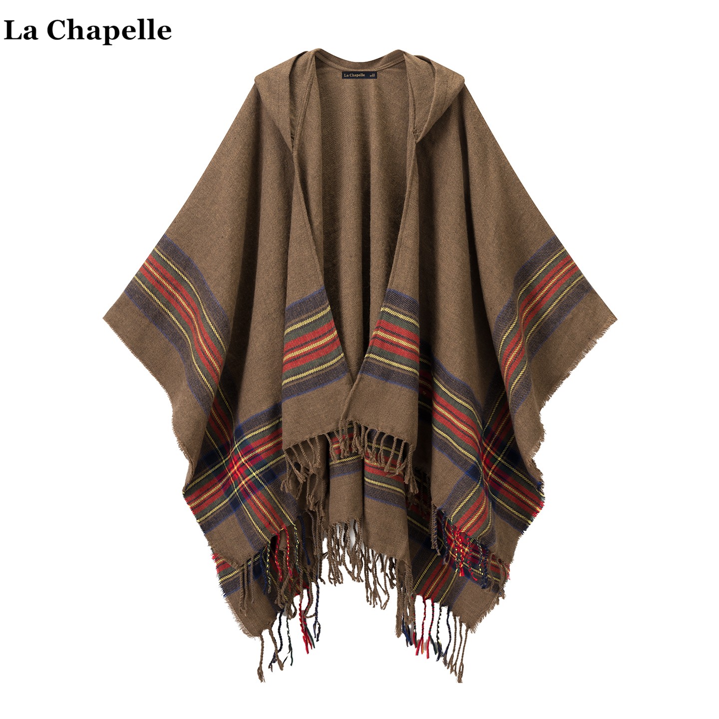 拉夏贝尔/La Chapelle彩色条纹连帽针织开衫斗篷女旅游保暖大披肩