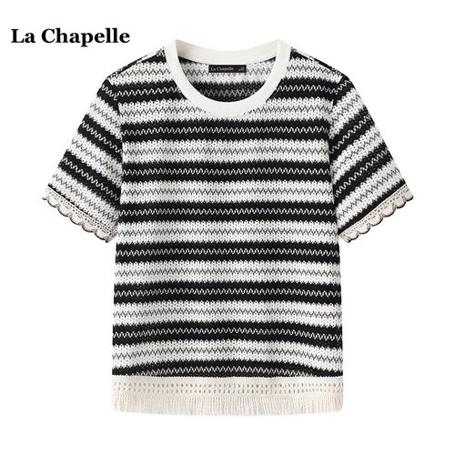 拉夏贝尔/La Chapelle休闲宽松短袖T恤女夏季新款条纹流苏针织衫