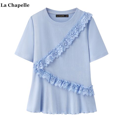 拉夏贝尔/La Chapelle温柔风立体花边拼接短袖T恤女夏季宽松上衣