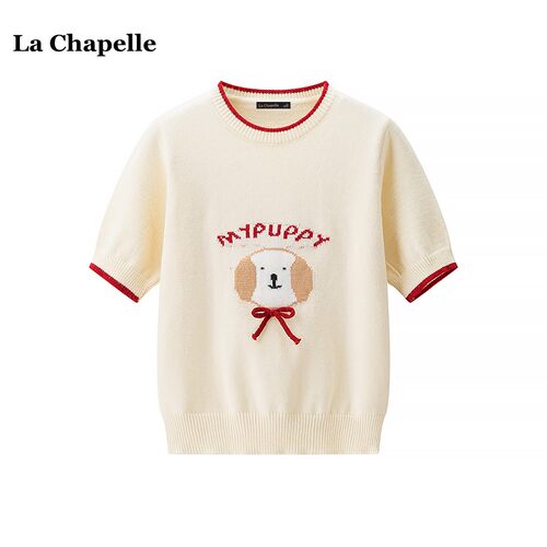 拉夏贝尔/La Chapelle韩系卡通小狗印花针织衫女夏季薄款短袖上衣