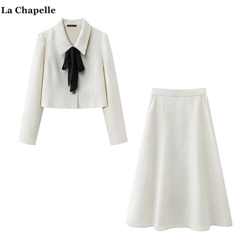 拉夏贝尔/La Chapelle小香风蝴蝶结短外套半身裙春季通勤俩件套女