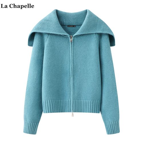 拉夏贝尔/La Chapelle慵懒风纯色双拉链针织开衫女冬款大翻领毛衣