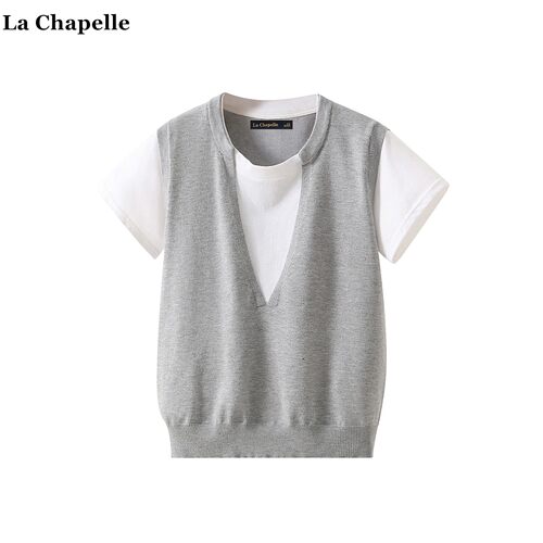 拉夏贝尔/La Chapelle撞色假两件短袖针织衫女秋新款百搭宽松上衣