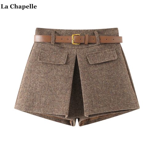 拉夏贝尔/La Chapelle设计感开叉毛呢阔腿裤女冬季新款老钱风短裤