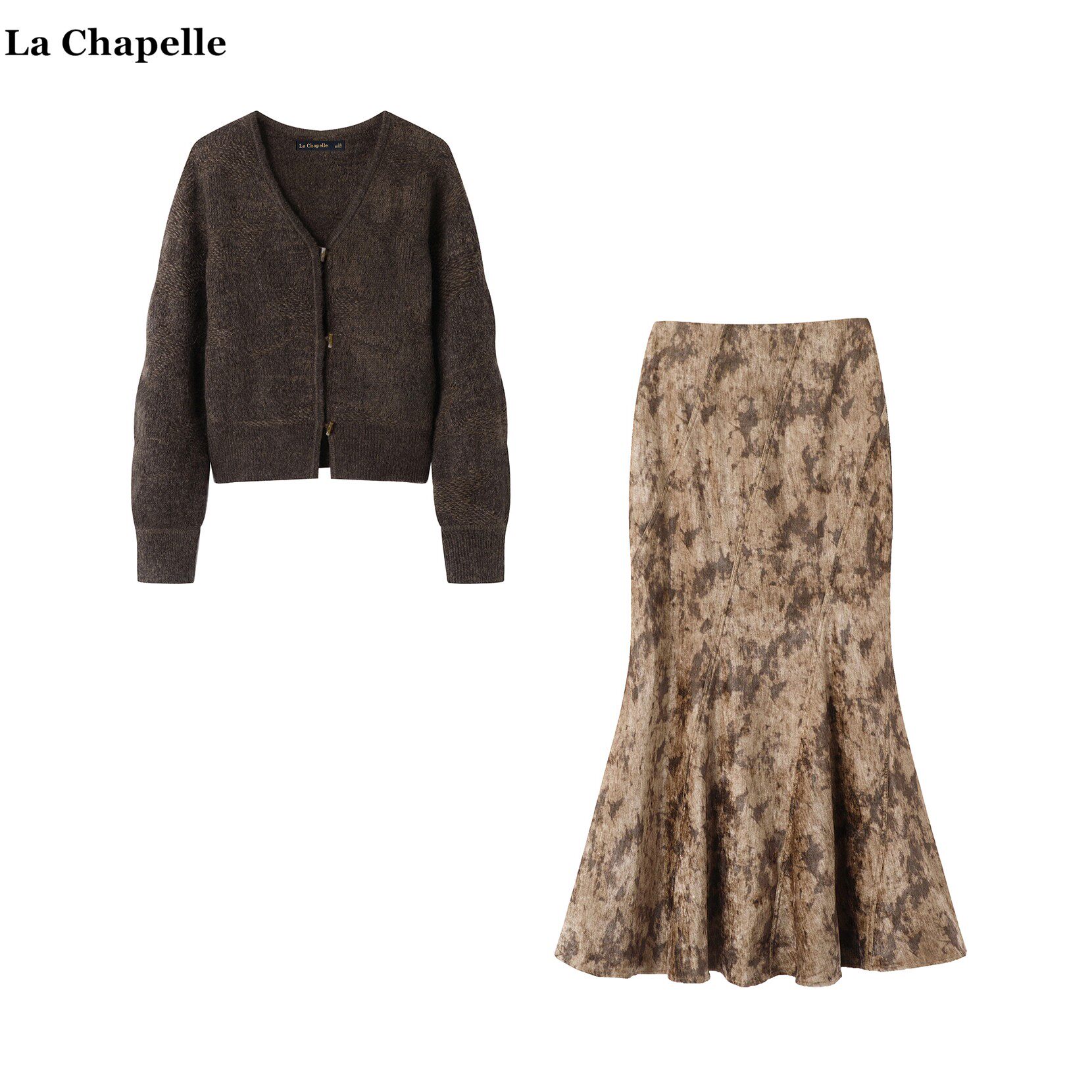 拉夏贝尔/La Chapelle秋季小香风牛角扣针织开衫鱼尾半身裙套装女,女装/女士精品,时尚套装,淘宝优惠券,粉丝福利购,淘宝优惠卷