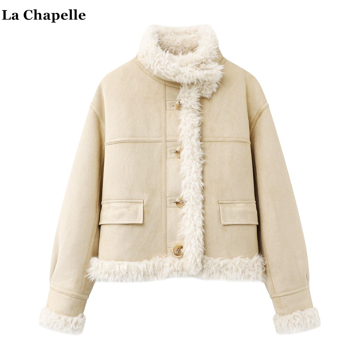 拉夏贝尔/La Chapelle韩系麂皮绒短款外套女秋冬款两面穿毛毛上衣