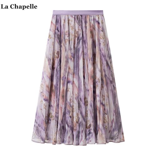 拉夏贝尔/La Chapelle春夏新款碎花半身裙女松紧腰网纱百褶a字裙