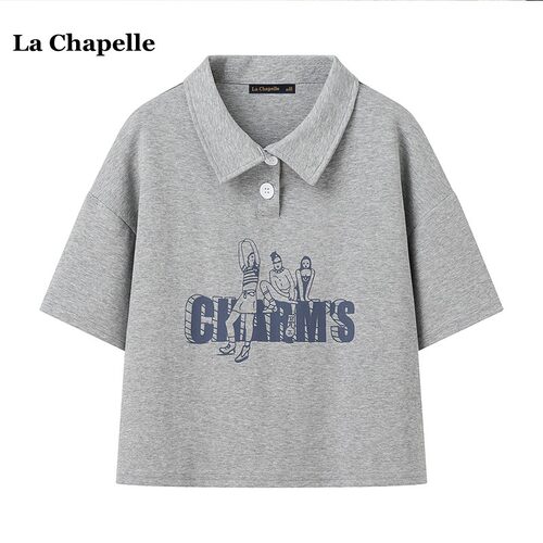 拉夏贝尔/La Chapelle夏季POLO小衫复古印花设计感短袖T恤上衣女