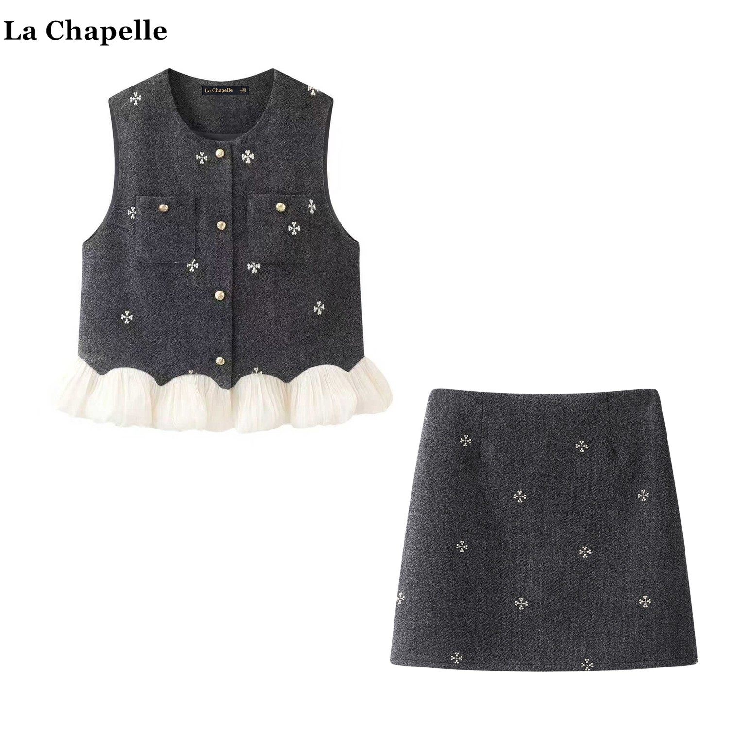拉夏贝尔/La Chapelle老钱风荷叶边刺绣背心高腰半身裙气质套装女,女装/女士精品,时尚套装,淘宝优惠券,粉丝福利购,淘宝优惠卷