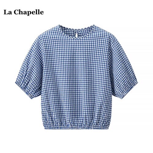 拉夏贝尔/La Chapelle文艺复古格子短袖衬衫女夏季新款泡泡纱上衣