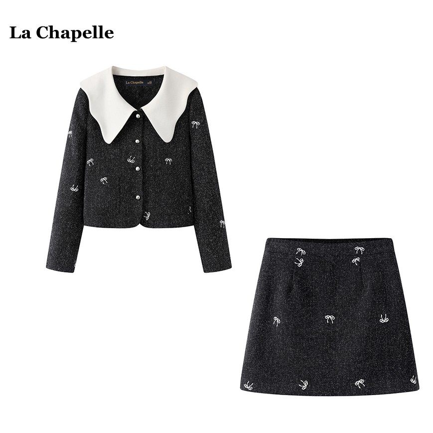 拉夏贝尔/La Chapelle蝴蝶结刺绣俩件套女小香风短外套半身裙套装,女装/女士精品,时尚套装,淘宝优惠券,粉丝福利购,淘宝优惠卷