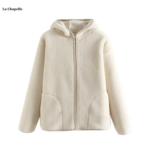 拉夏贝尔/La Chapelle纯色连帽长袖开衫女春秋新款摇粒绒保暖外套