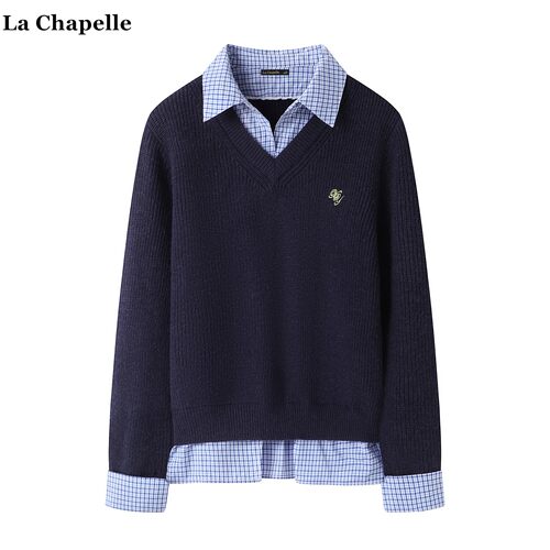拉夏贝尔/La Chapelle翻领格子拼接针织衫女秋冬miu系假两件毛衣