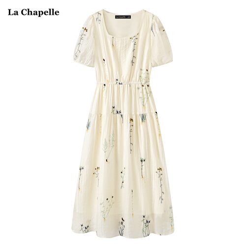 拉夏贝尔/La Chapelle小香风刺绣短袖连衣裙女夏季法式复古a字裙