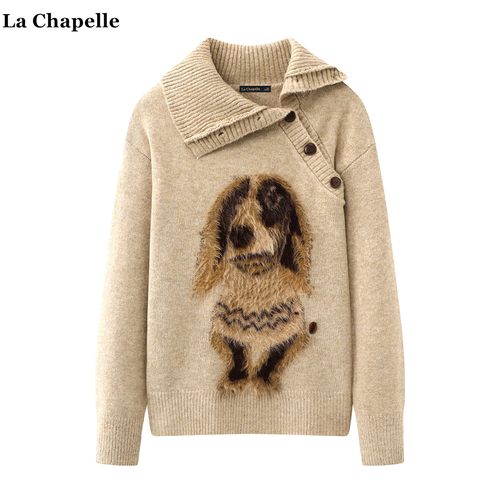 拉夏贝尔/La Chapelle慵懒风宽松小狗印花针织衫女秋冬款翻领毛衣