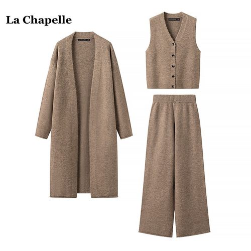拉夏贝尔/La Chapelle秋季中长款毛衣三件套无袖背心休闲裤套装女