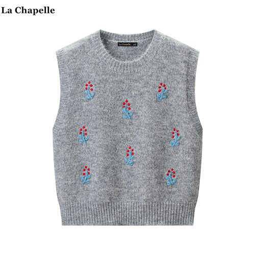 拉夏贝尔/La Chapelle灰色圆领刺绣针织马甲背心女学院风百搭马甲