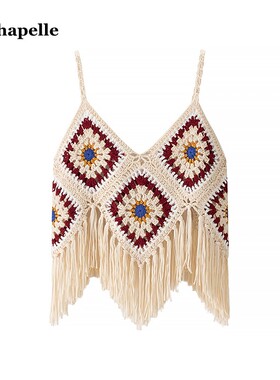 拉夏贝尔/La Chapelle民族风流苏吊带背心女夏季新款镂空露脐上衣