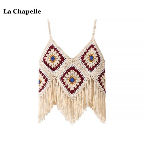 拉夏贝尔/La Chapelle民族风流苏吊带背心女夏季新款镂空露脐上衣