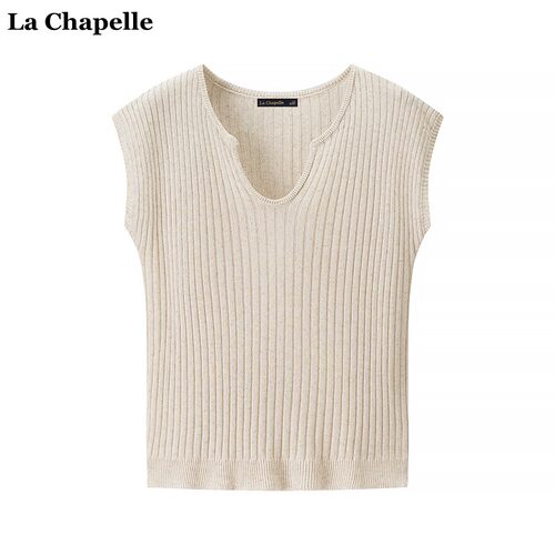 拉夏贝尔/La Chapelle韩版设计感V领针织衫女夏季新款飞飞袖上衣