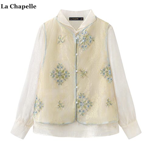 拉夏贝尔/La Chapelle新中式提花长袖衬衫国风钉珠无袖马甲上衣女
