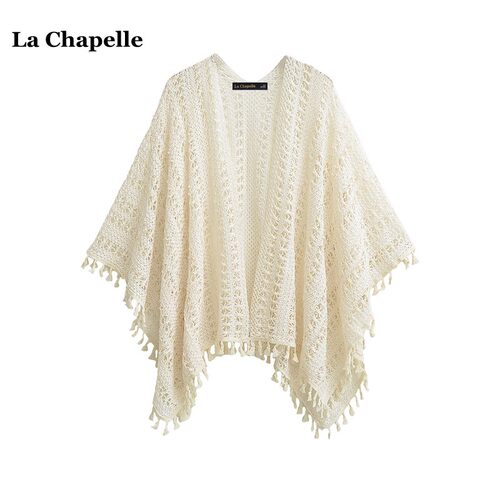 拉夏贝尔/La Chapelle民族风V领针织开衫女夏季旅游镂空流苏披肩