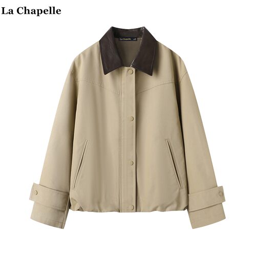 拉夏贝尔/La Chapelle巴恩风翻领短外套女秋季新款卡其色气质风衣