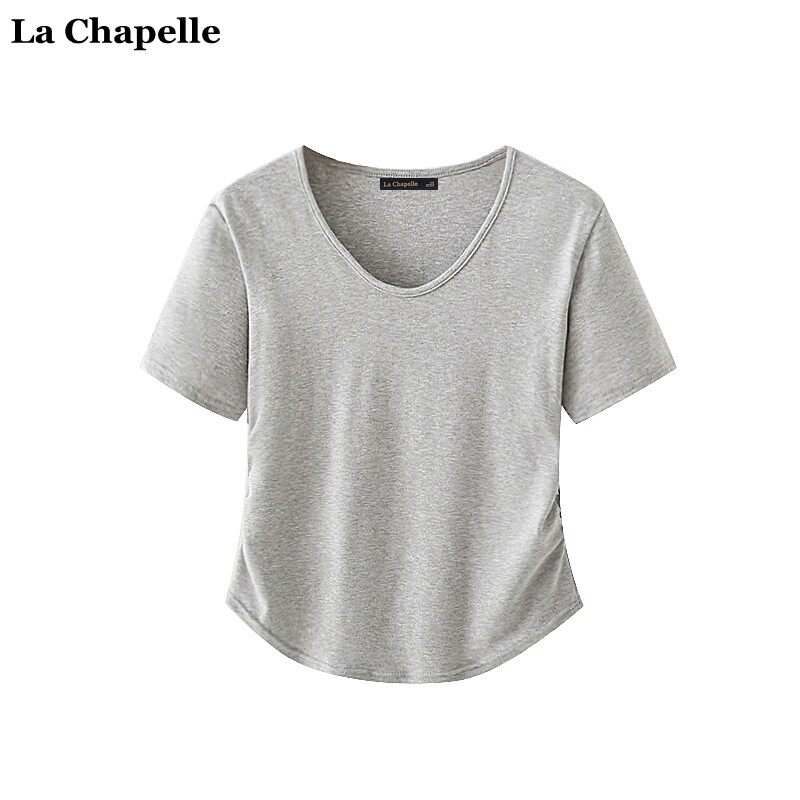 拉夏贝尔/La Chapelle纯色V领短袖T恤女夏季新款褶皱修身显瘦上衣