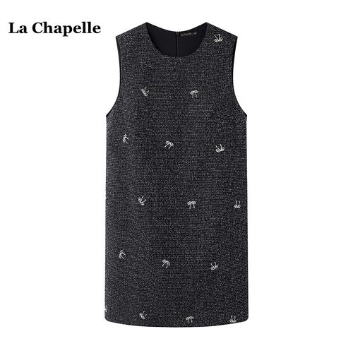 拉夏贝尔/La Chapelle蝴蝶结刺绣背心连衣裙女冬季复古小香风裙子