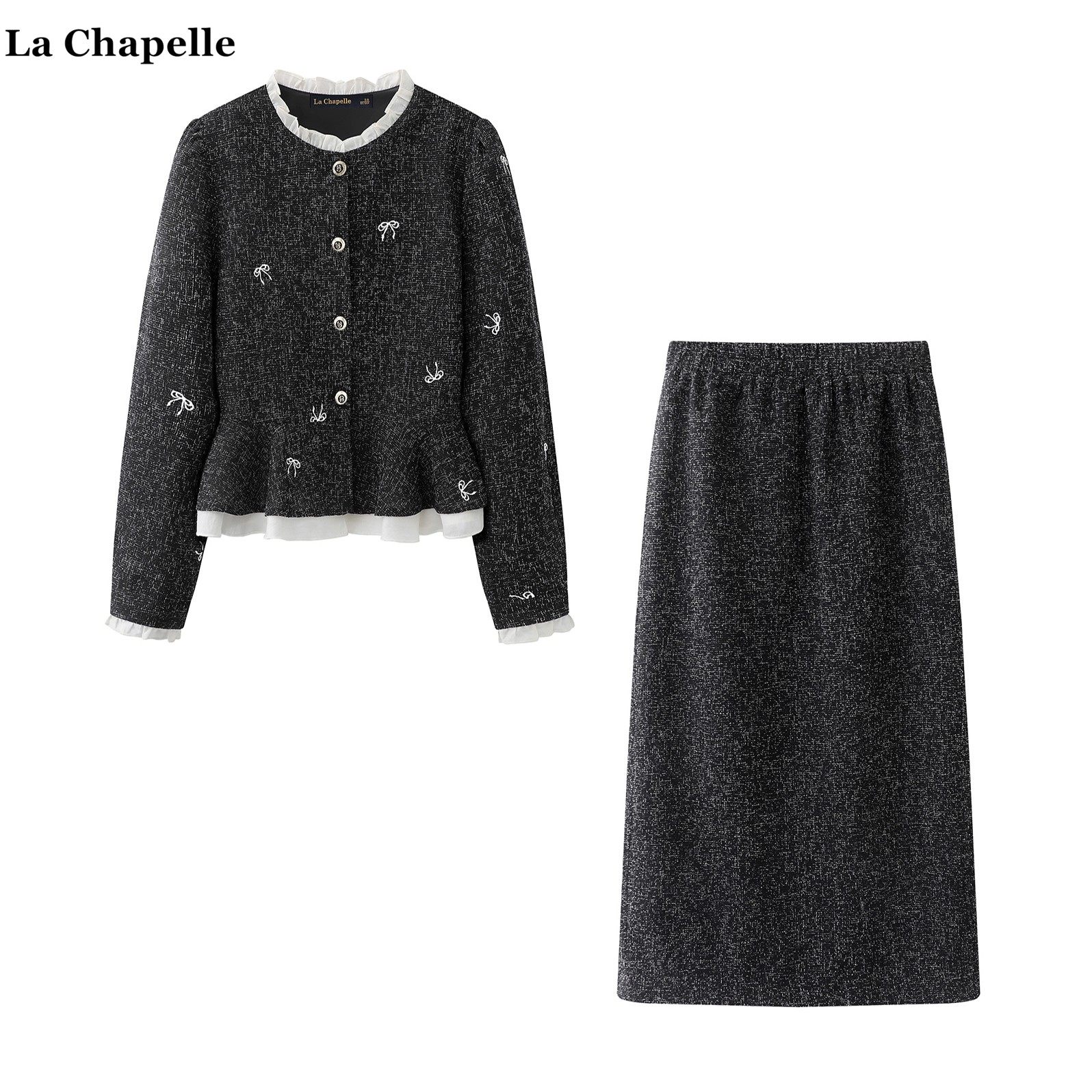 拉夏贝尔/La Chapelle小香风刺绣荷叶边外套高腰半身裙时尚套装女,女装/女士精品,时尚套装,淘宝优惠券,粉丝福利购,淘宝优惠卷
