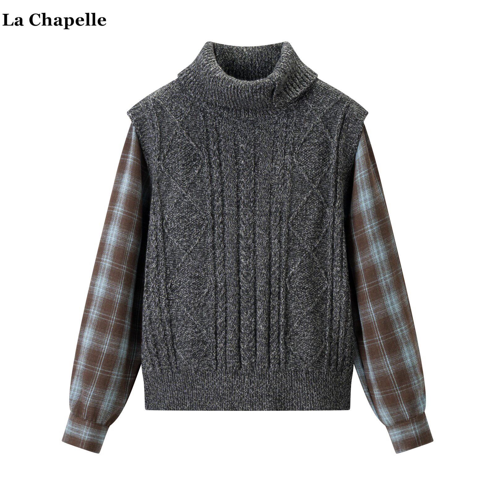 拉夏贝尔/La Chapelle复古纽扣高领麻花毛衣女格纹拼接针织衫上衣
