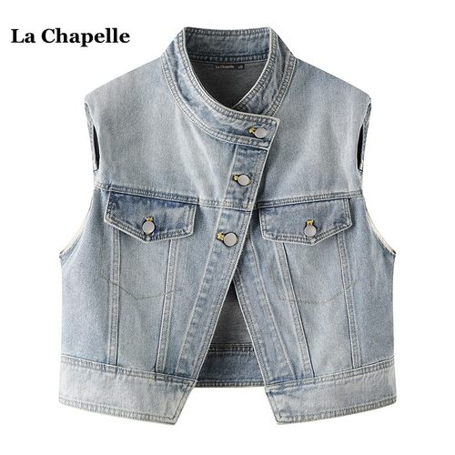 拉夏贝尔/La Chapelle秋季复古水洗牛仔马甲女斜襟设计感无袖外套