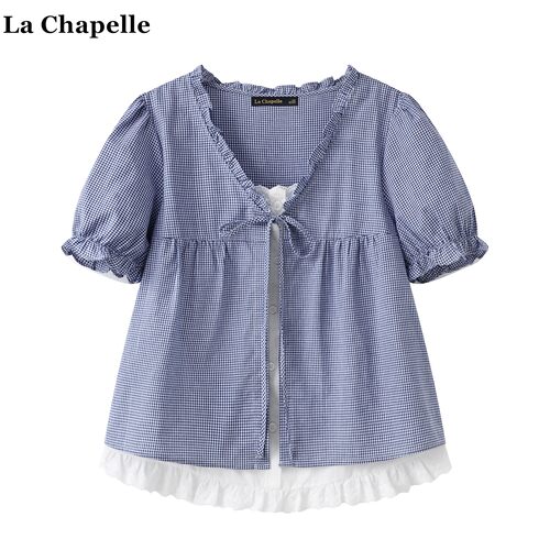 拉夏贝尔/La Chapelle假两件甜美短袖衬衫女夏季新款小众系带上衣