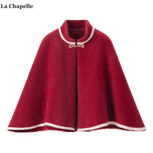 拉夏贝尔/La Chapelle仿水貂毛红色斗篷披肩女秋冬款外搭礼服披风