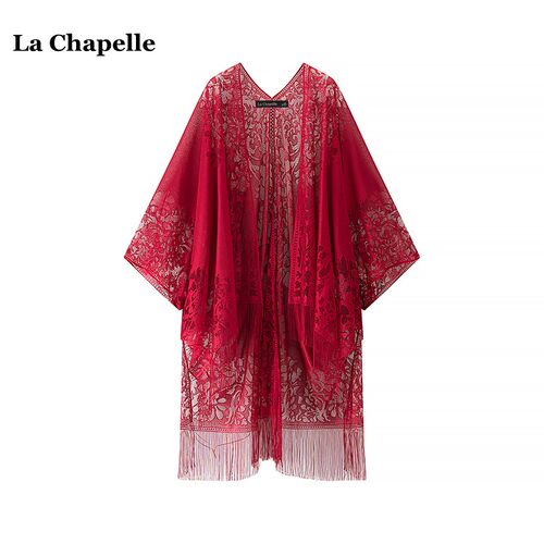 拉夏贝尔/La Chapelle国风红色蕾丝披肩女女春夏外搭旗袍开衫披风