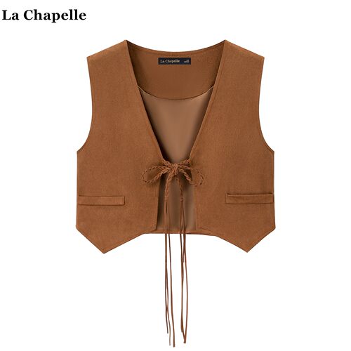 拉夏贝尔/La Chapelle美拉德风外搭v领系带马甲女民族风咖色背心